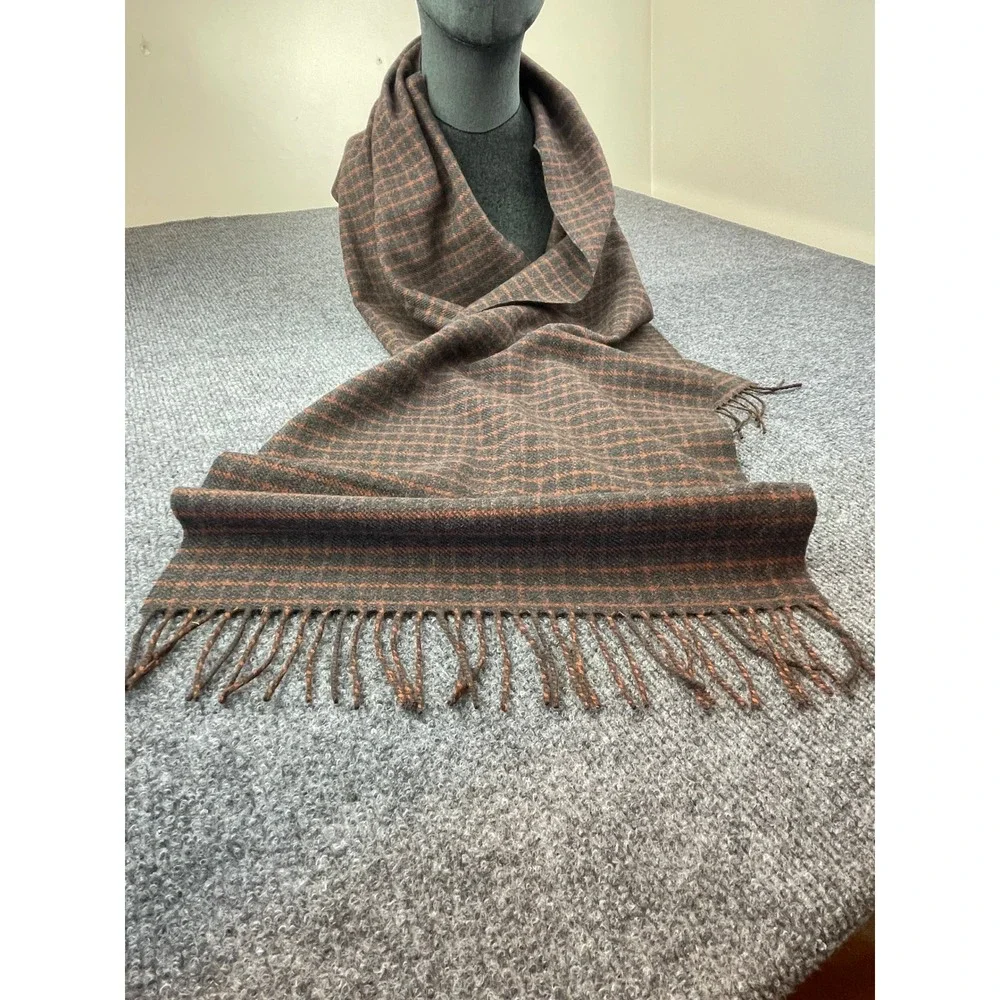 Ermenegildo Zegna Mens Scarf Grey Orange Micro Check Plaid Fringed Italy Luxury